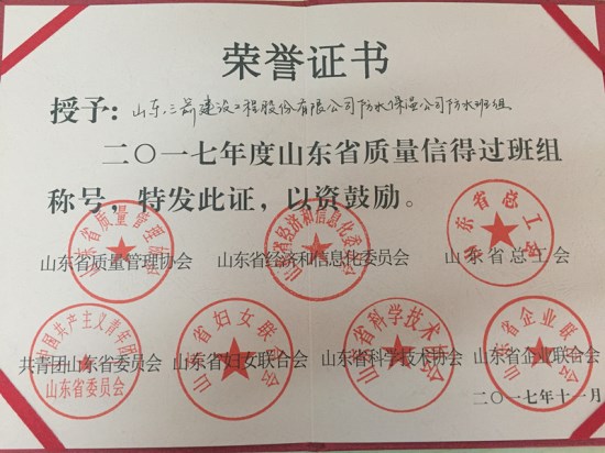 三箭集團防水公司喜獲2017年度山東省質(zhì)量信得過班組稱號